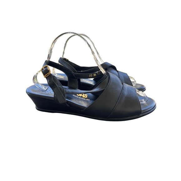 SAS Tri-Pad Caress Black Leather Comfort Shoe Wedge‎ Heel Size 10WW Wide Sandals - Picture 3 of 9